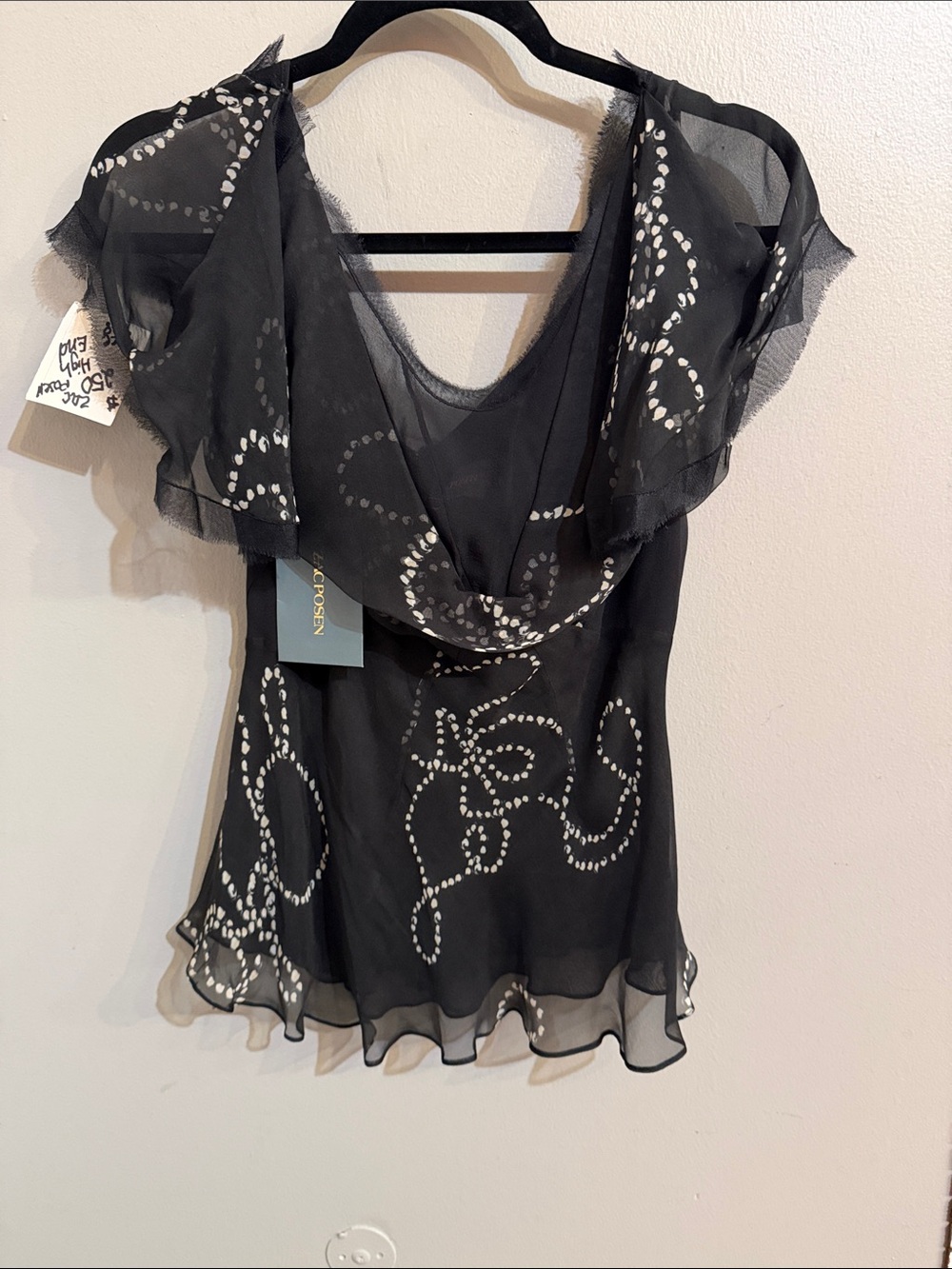 Zac Posen Black Sheer Blouse with White Dot Swirl